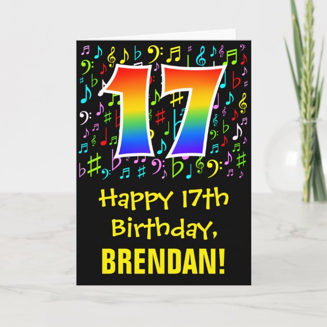 17th Birthday: Colorful Music Symbols + Rainbow 17 Card (Front)