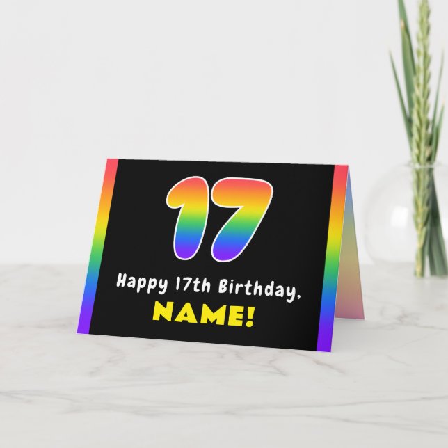 17th Birthday: Colourful Rainbow # 17, Custom Name Card (Front)