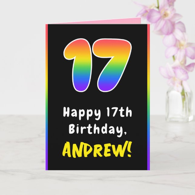 17th Birthday: Colourful Rainbow # 17, Custom Name Card (Orchid)