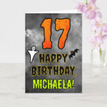 17th Birthday: Eerie Halloween Theme   Custom Name Card<br><div class="desc">The front of this spooky and scary Halloween themed birthday greeting card design features a large number “17”, along with the message “HAPPY BIRTHDAY, ”, and a customisable name. There are also depictions of a bat and a ghost on the front. The inside features a custom birthday greeting message, or...</div>
