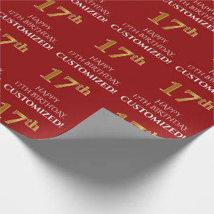17th Birthday: Elegant, Red, Faux Gold Look Wrapping Paper