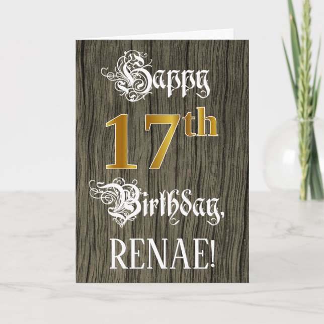 17th Birthday: Faux Gold Look + Faux Wood Pattern Card (Front)