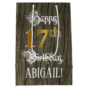 17th Birthday: Faux Gold Look & Faux Wood Pattern Medium Gift Bag