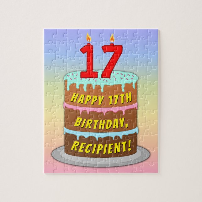 17th Birthday: Fun Cake and Candles + Custom Name Jigsaw Puzzle (Vertical)
