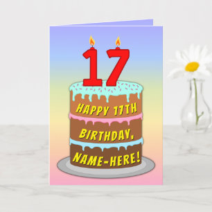 17th Birthday — Fun Cake & Candles, w/ Custom Name Card