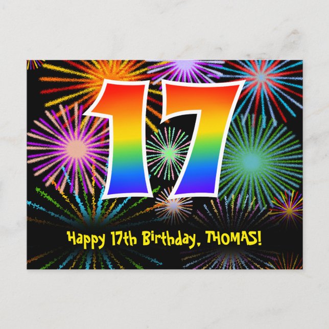 17th Birthday – Fun Fireworks Pattern + Rainbow 17 Postcard (Front)