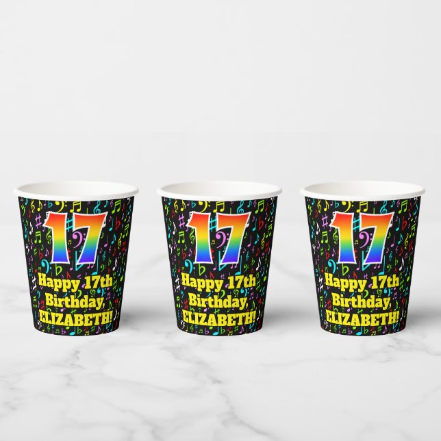 17th Birthday: Fun Music Notes Pattern, Rainbow 17 Paper Cups (Multi)