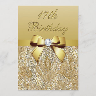 17th Birthday Gold Faux Sequins and Bow Invitation