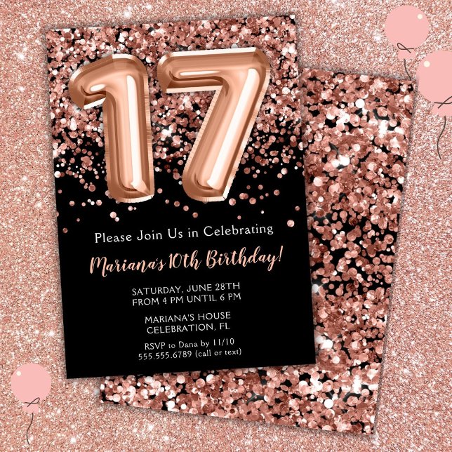 17th Birthday Invitation Black Rose Gold Glitter (Creator Uploaded)