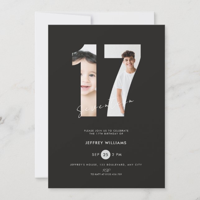 17th Birthday Invitation Boys with Photo - Black (Front)