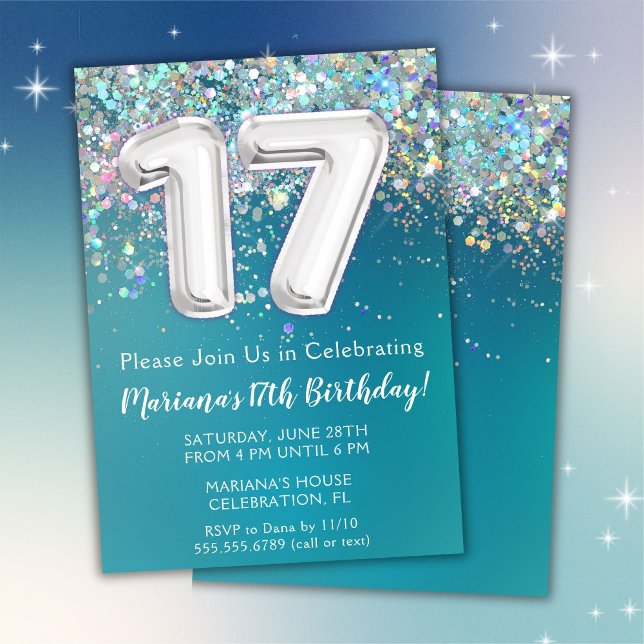 17th Birthday Invitation Teal Silver Glitter (Creator Uploaded)