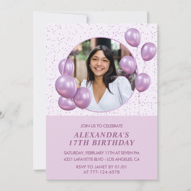 17th birthday invitations Balloons Photo Purple (Front)