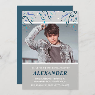 17th birthday invitations boy Confetti Photo Blue