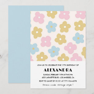 17th birthday invitations Retro Blue Pink Flowers