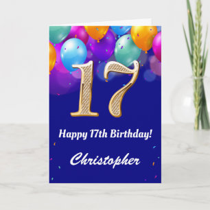17th Birthday Navy Blue and Gold Colourful Balloon Card
