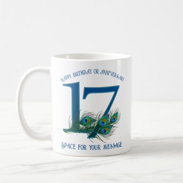 17th Birthday Or Anniversary Peacock Feather Coffee Mug (Left)