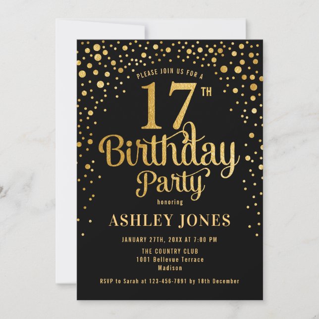 17th Birthday Party - Black & Gold Invitation (Front)