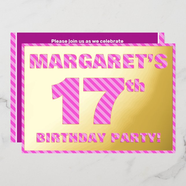 17th Birthday Party — Bold, Fun, Pink Stripes # 17 (Front/Back)