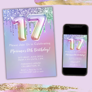 17th Birthday Party Invitation Purple Pink Glitter