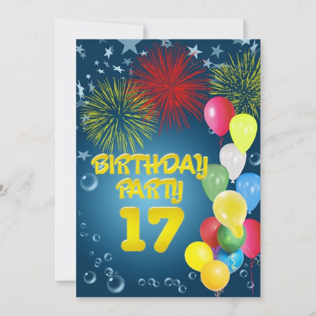 17th Birthday party Invitation with balloons (Front)
