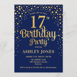 17th Birthday Party - Navy & Gold Invitation