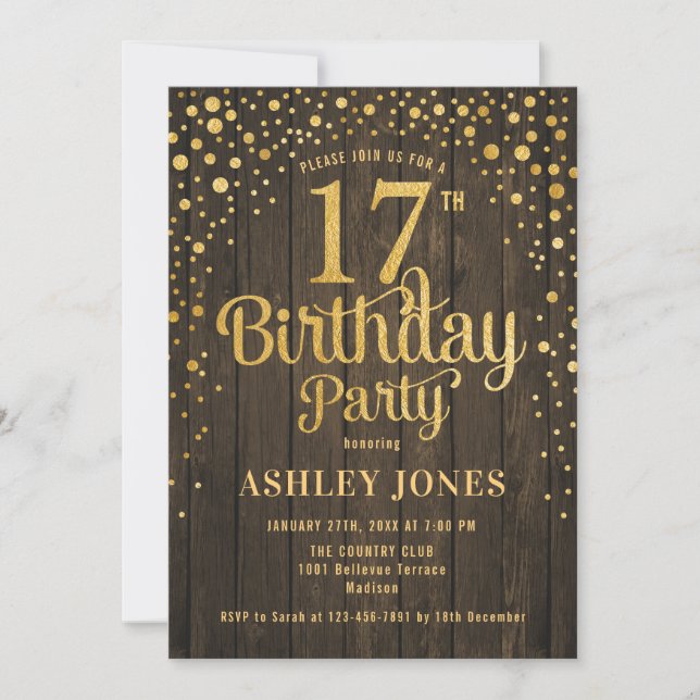 17th Birthday Party - Rustic Wood & Gold Invitation (Front)