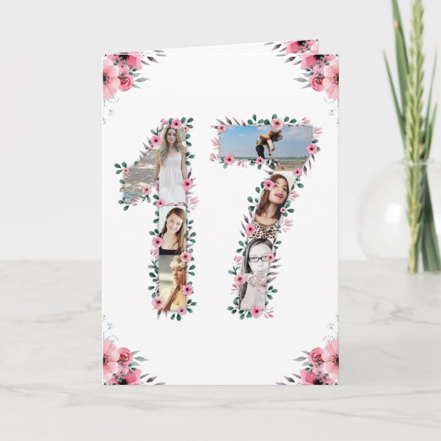 17th Birthday Photo Collage Girl Pink Flower White Card (Front)