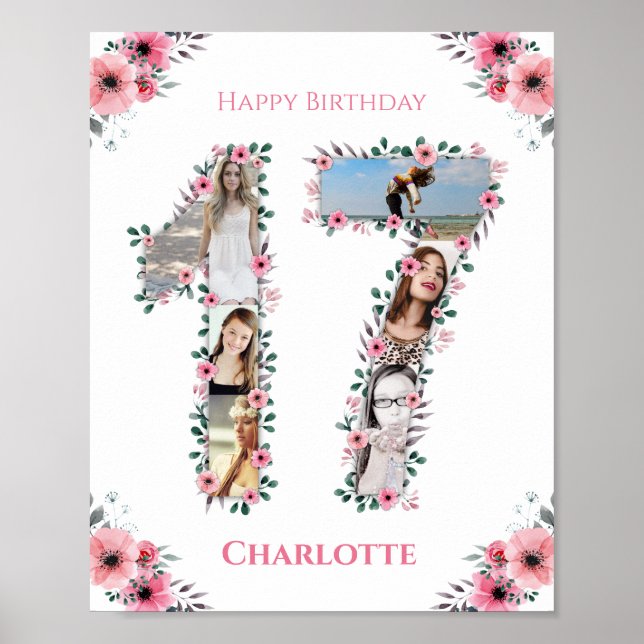 17th Birthday Pink Flower Girl Photo Collage White Poster (Front)