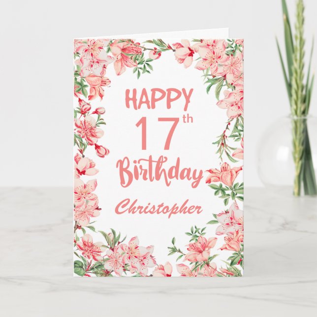 17th Birthday Pink Peach Peonies Watercolor Floral Card (Front)