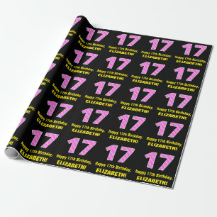 17th Birthday: Pink Stripes and Hearts "17" + Name Wrapping Paper