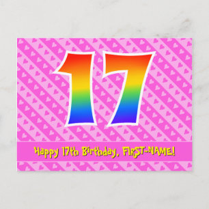 17th Birthday: Pink Stripes & Hearts, Rainbow 17 Postcard