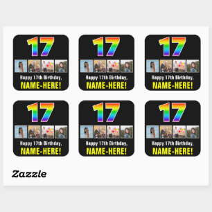 17th Birthday: Rainbow “17”; Custom Photos & Name Square Sticker