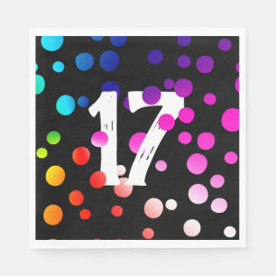 17th Birthday Rainbow Dots on Black Napkin