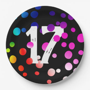 17th Birthday Rainbow Dots on Black Paper Plates