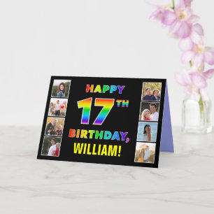 17th Birthday: Rainbow Text, Custom Photos & Name Card