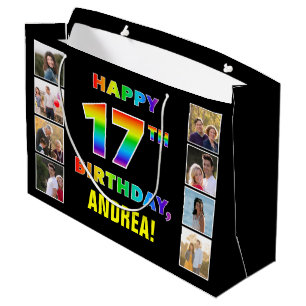 17th Birthday: Rainbow Text, Custom Photos & Name Large Gift Bag