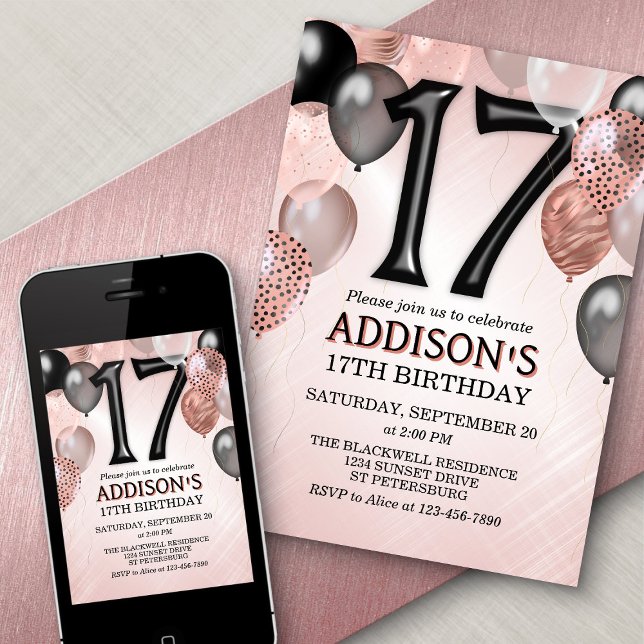 17th Birthday Rose Gold Balloons Invitation (Creator Uploaded)