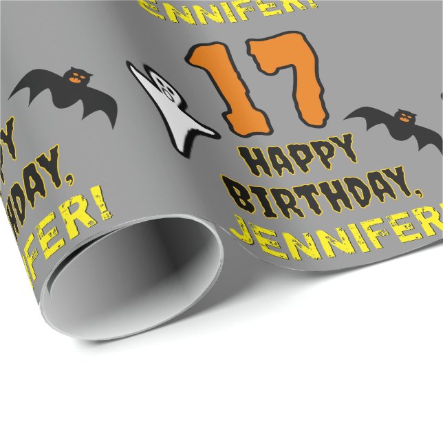 17th Birthday: Spooky Halloween Theme, Custom Name Wrapping Paper (Roll Corner)