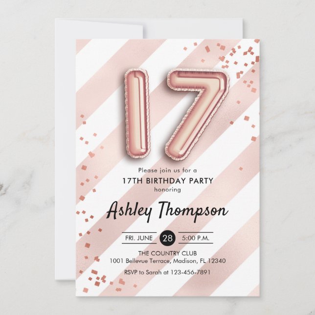 17th Birthday - Stripes Rose Gold Balloons Invitation (Front)