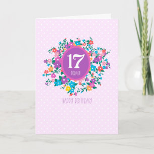 17th Birthday with Flowers and Polka Dots Card