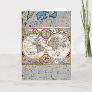 17th Century Dual Hemisphere World Map Card