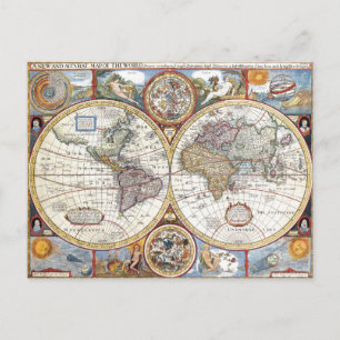 17th Century Dual Hemisphere World Map Postcard