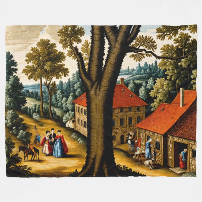17th Century Needlepoint Style Pastoral Scene Fleece Blanket (Front (Horizontal))