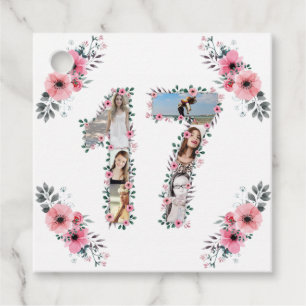 17th Girl Birthday Photo Collage Pink Flower White Favour Tags