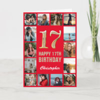 17th Happy Birthday Red and Gold Photo Collage
