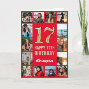 17th Happy Birthday Red and Gold Photo Collage Card