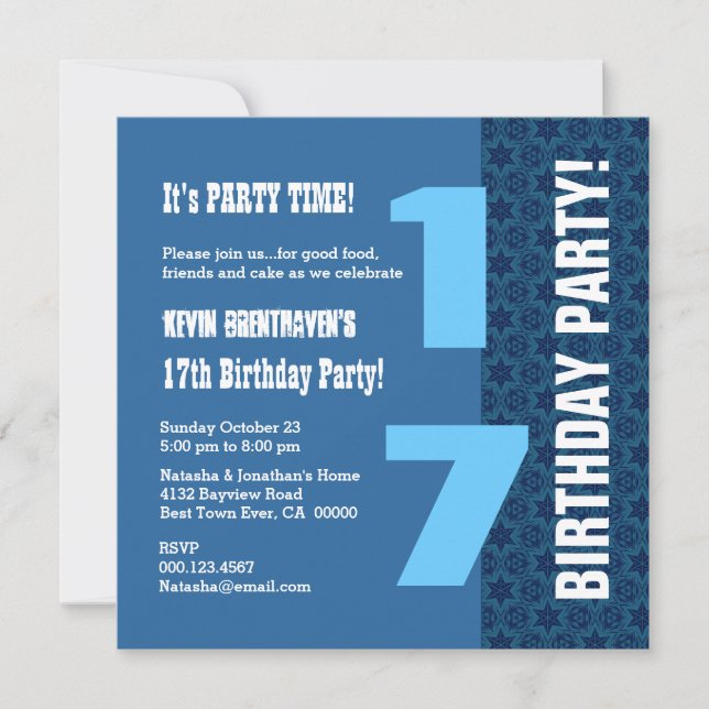 17th TEEN Birthday Modern Navy Blue Stars T7D Invitation (Front)