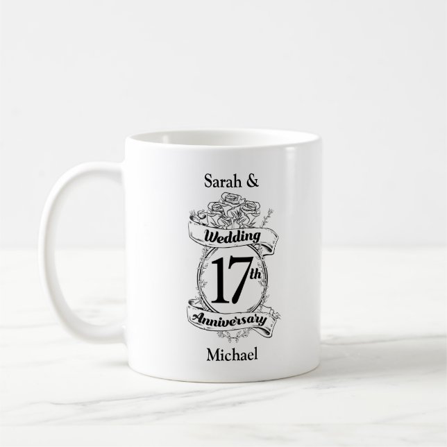 17th Wedding Anniversary Black and White Roses Coffee Mug (Left)