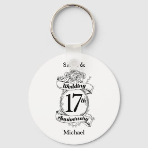 17th Wedding Anniversary Black and White Roses Key Ring