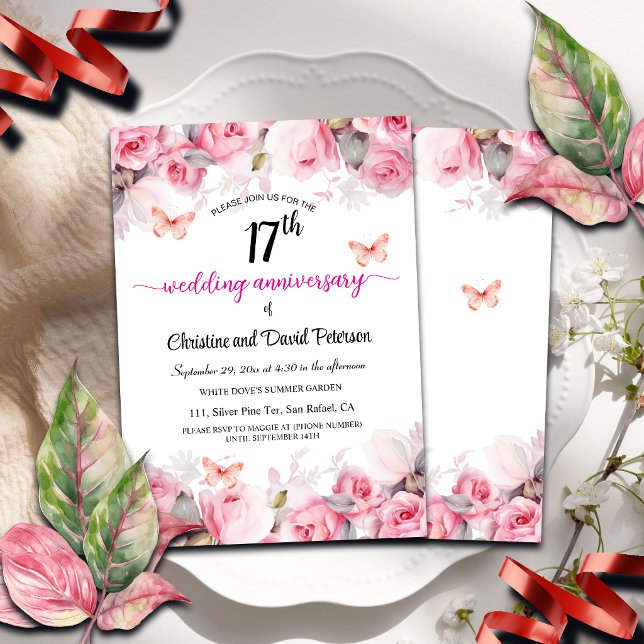 17th Wedding Anniversary Elegant Blush Roses Invitation (Creator Uploaded)